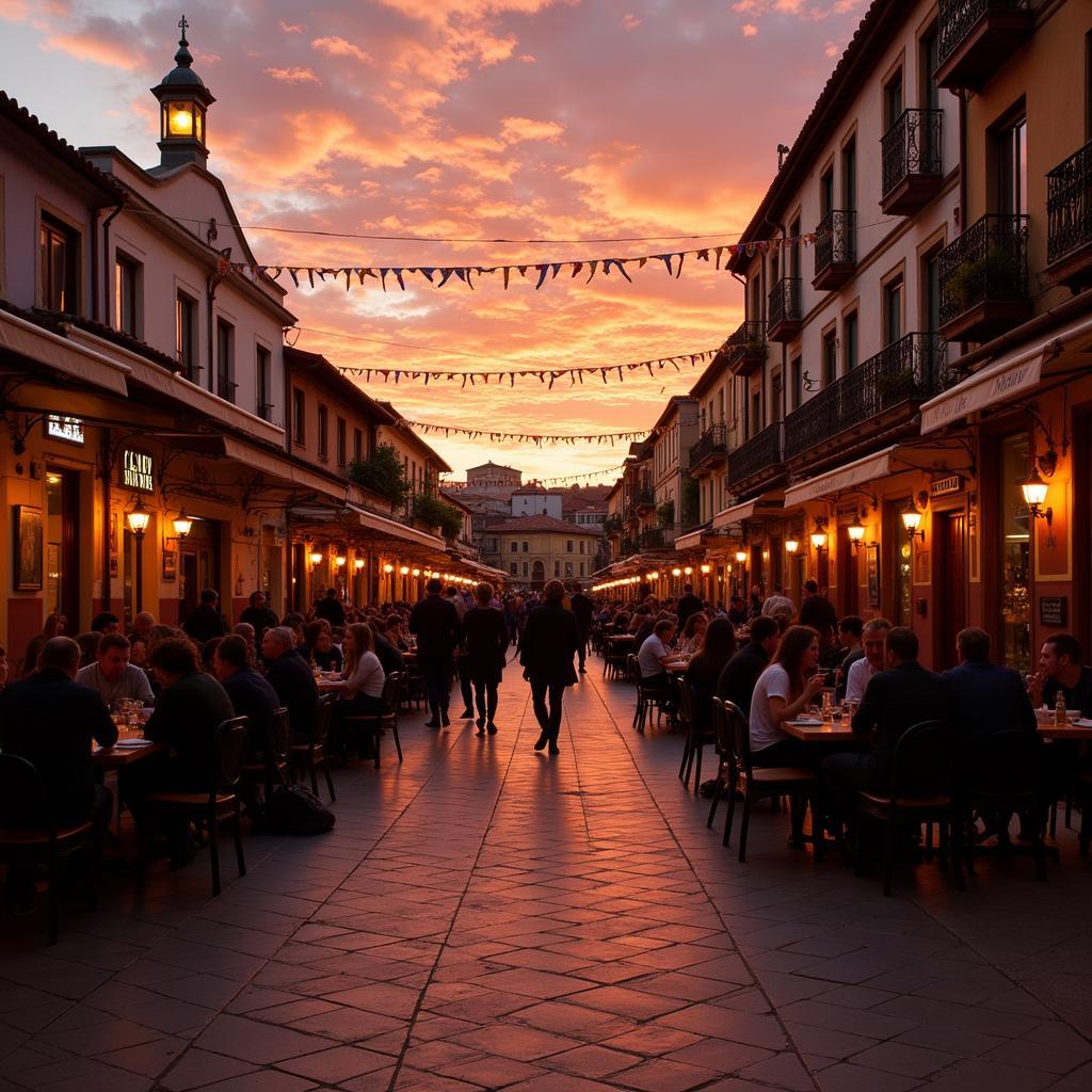 People enjoying a vibrant sunset in a Spanish plaza