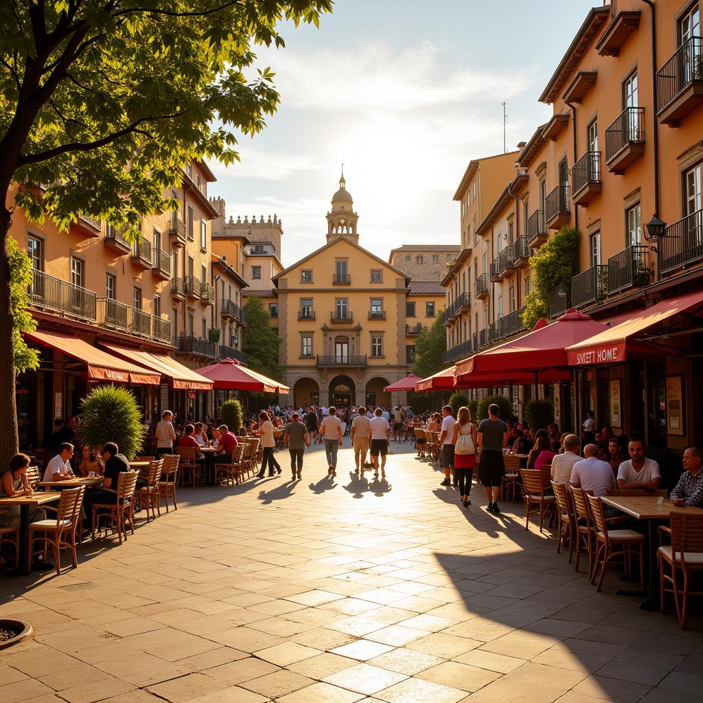 Bustling Spanish plaza featured in "Sweet Home"