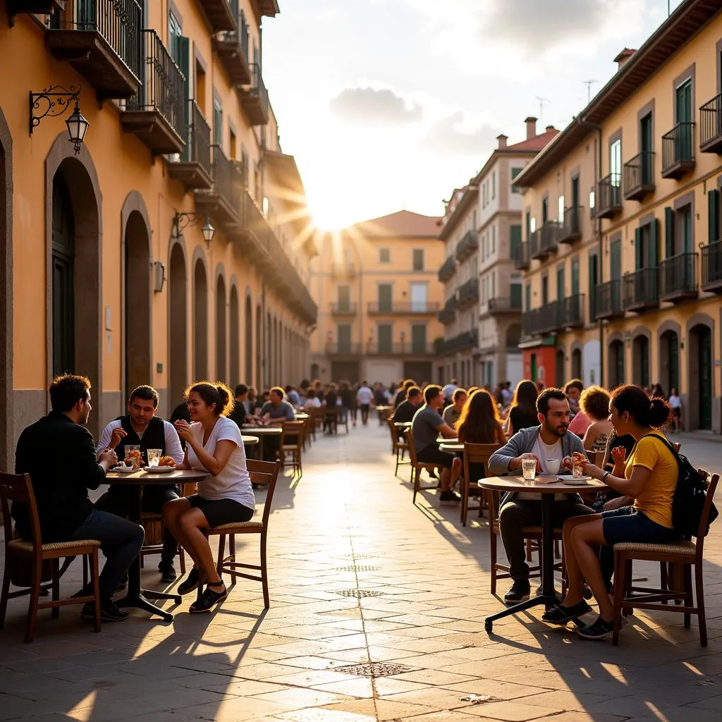 Locals enjoying churros and coffee in a Spanish plaza