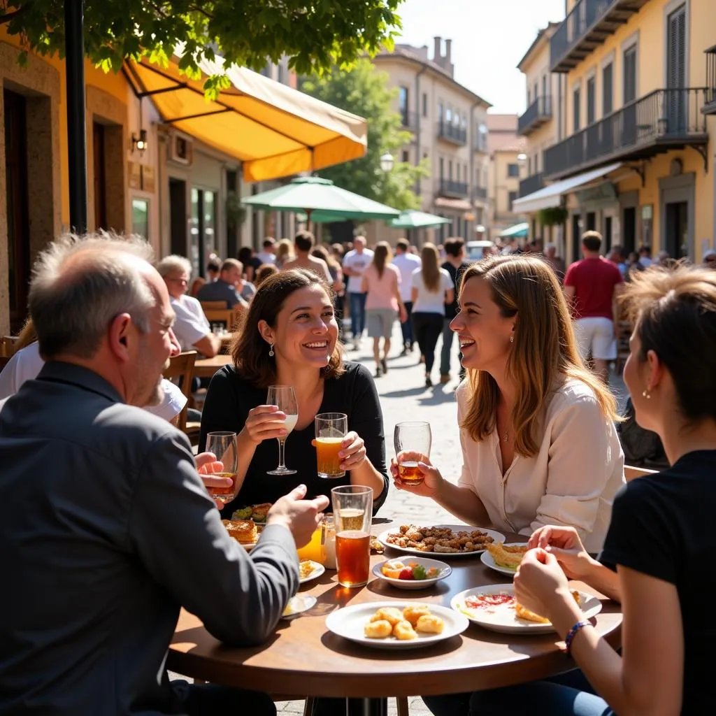 People enjoying tapas at an outdoor cafe in a Spanish plaza