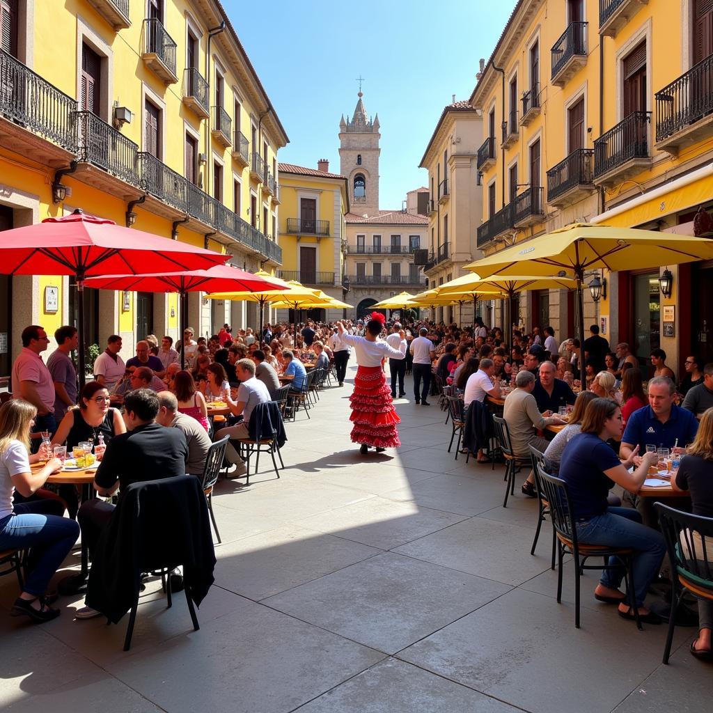 Spanish plaza bustling with life, tapas bars, and flamenco dancers