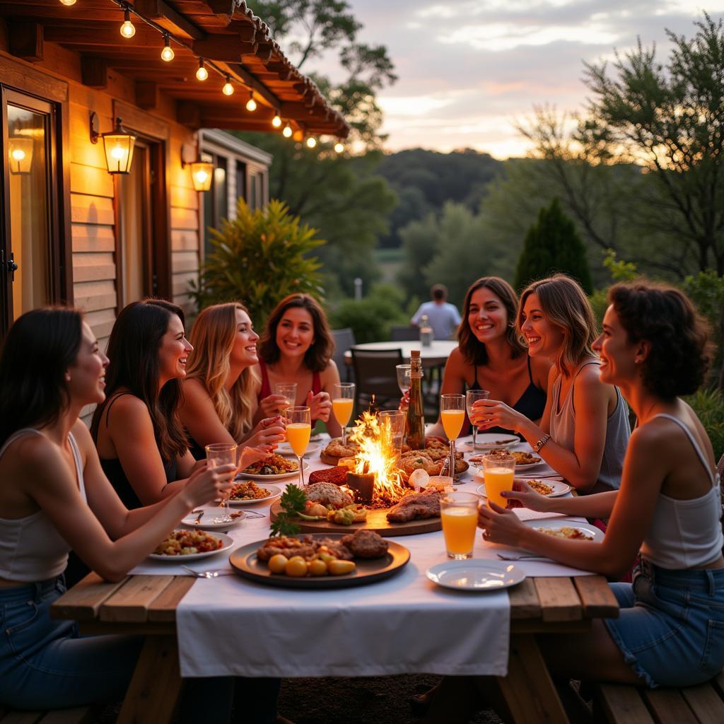 Enjoying a Meal on a Mobile Home "Porche" with Friends