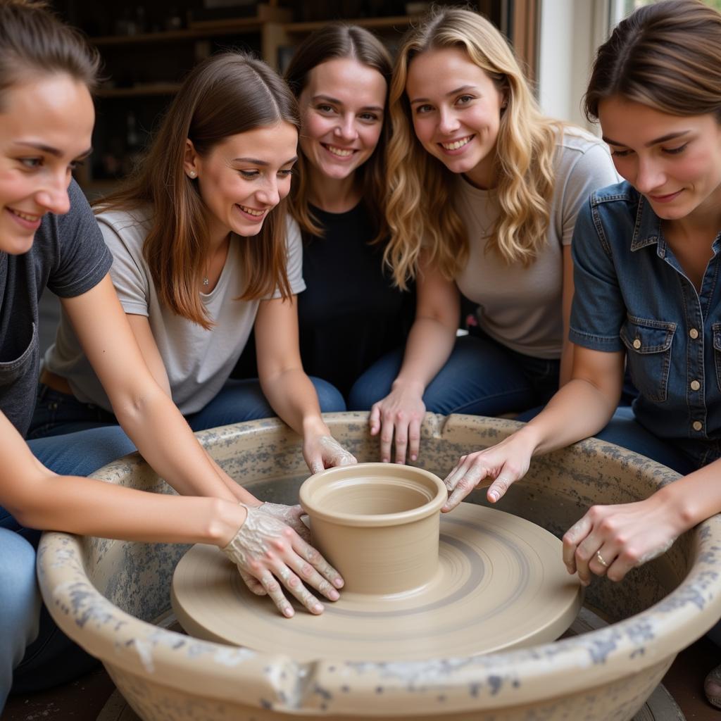 Tourists and locals engaging in a pottery workshop