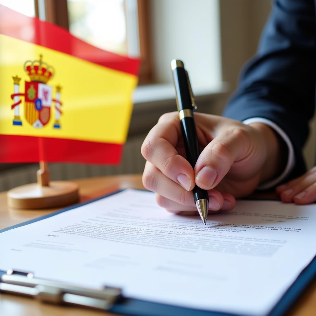 Close-up of hands signing a real estate contract with a Spanish flag in the background