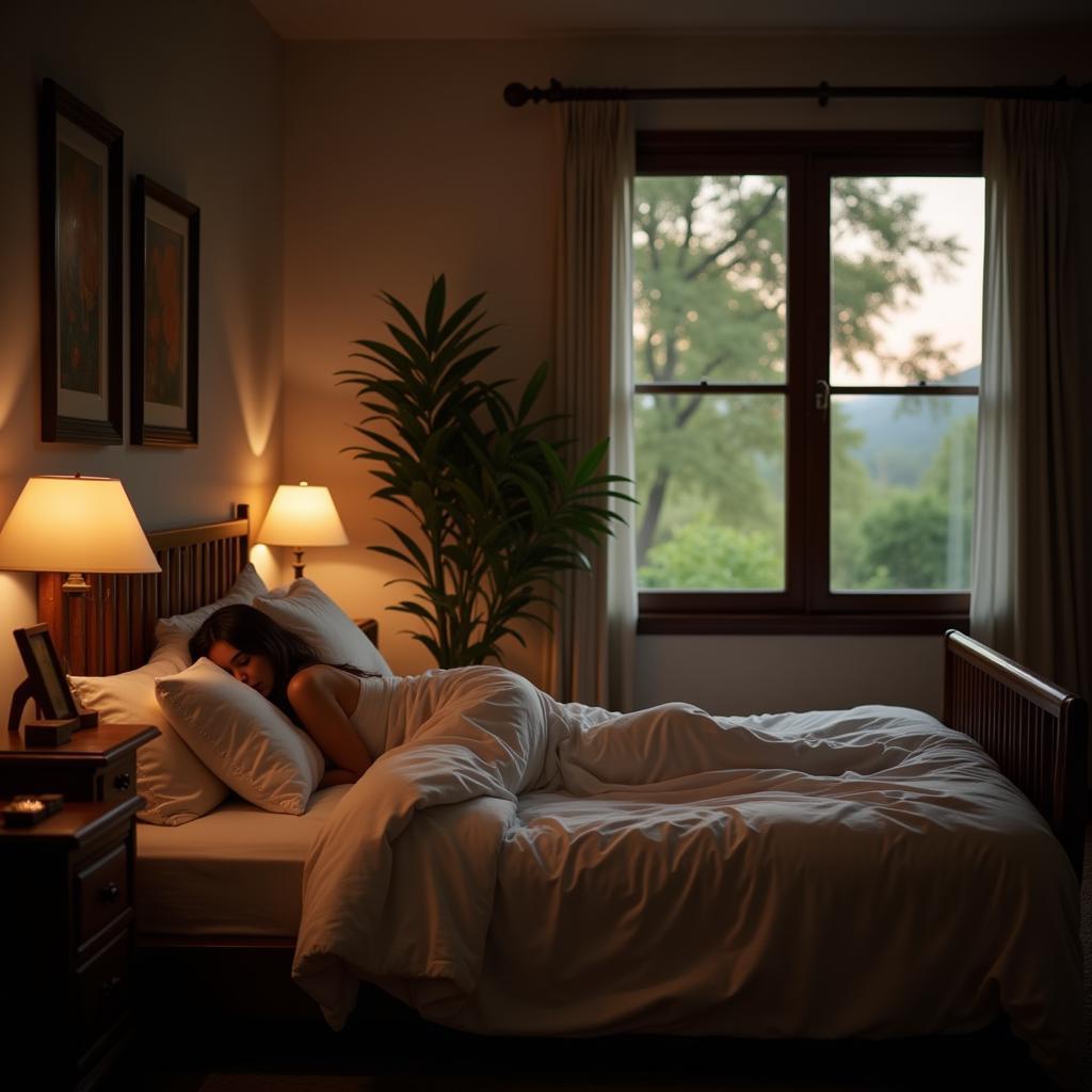 A dimly lit bedroom with open shutters and a gentle breeze rustling through sheer curtains