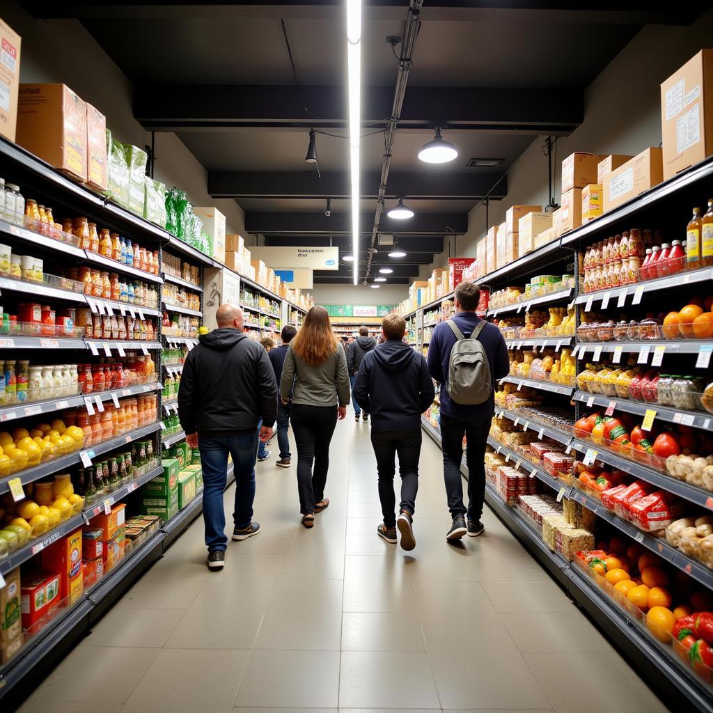 Aisles of a bustling Spanish supermarket