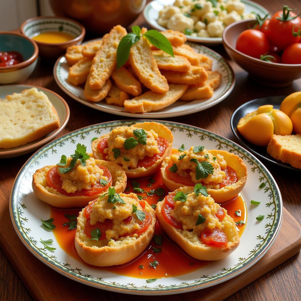 A table laden with a colorful and tempting array of Spanish tapas, including patatas bravas, olives, and fresh seafood.