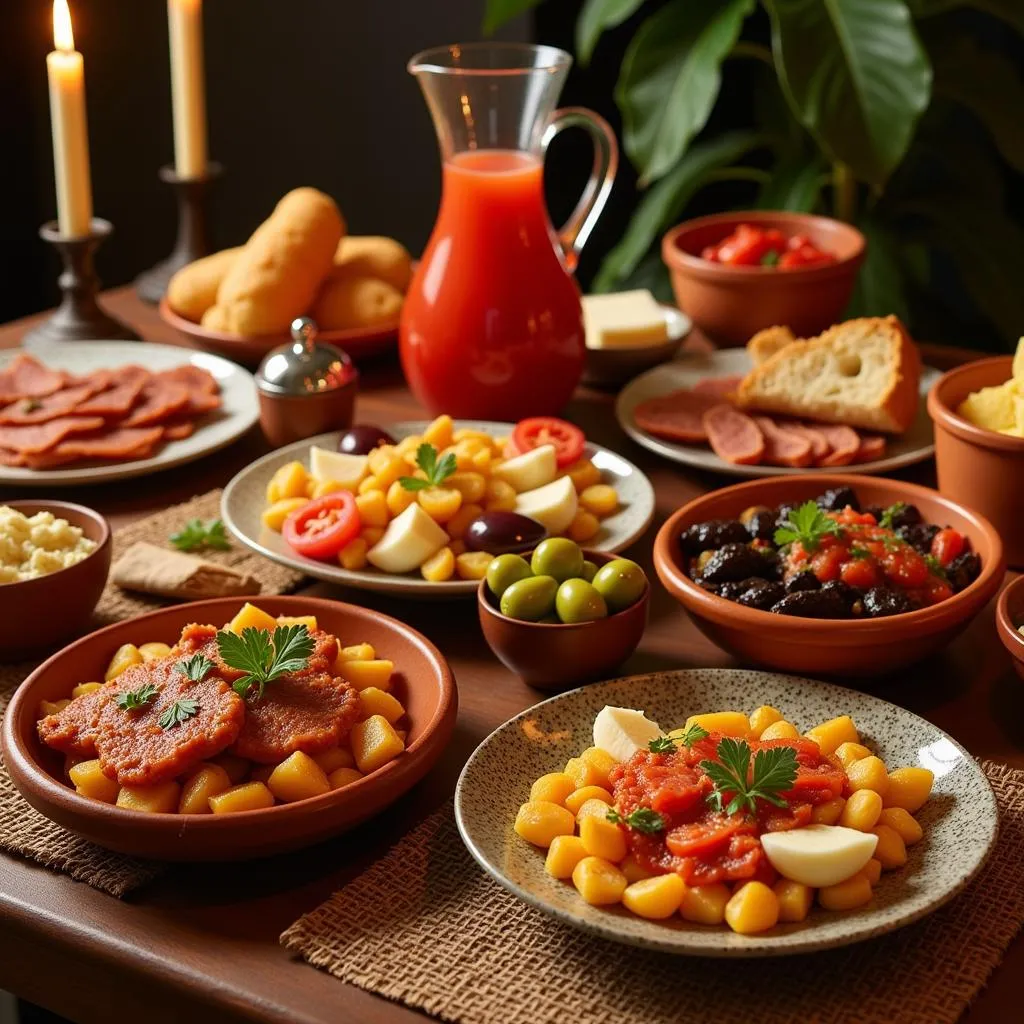 A colorful spread of traditional Spanish tapas arranged on a rustic wooden table.