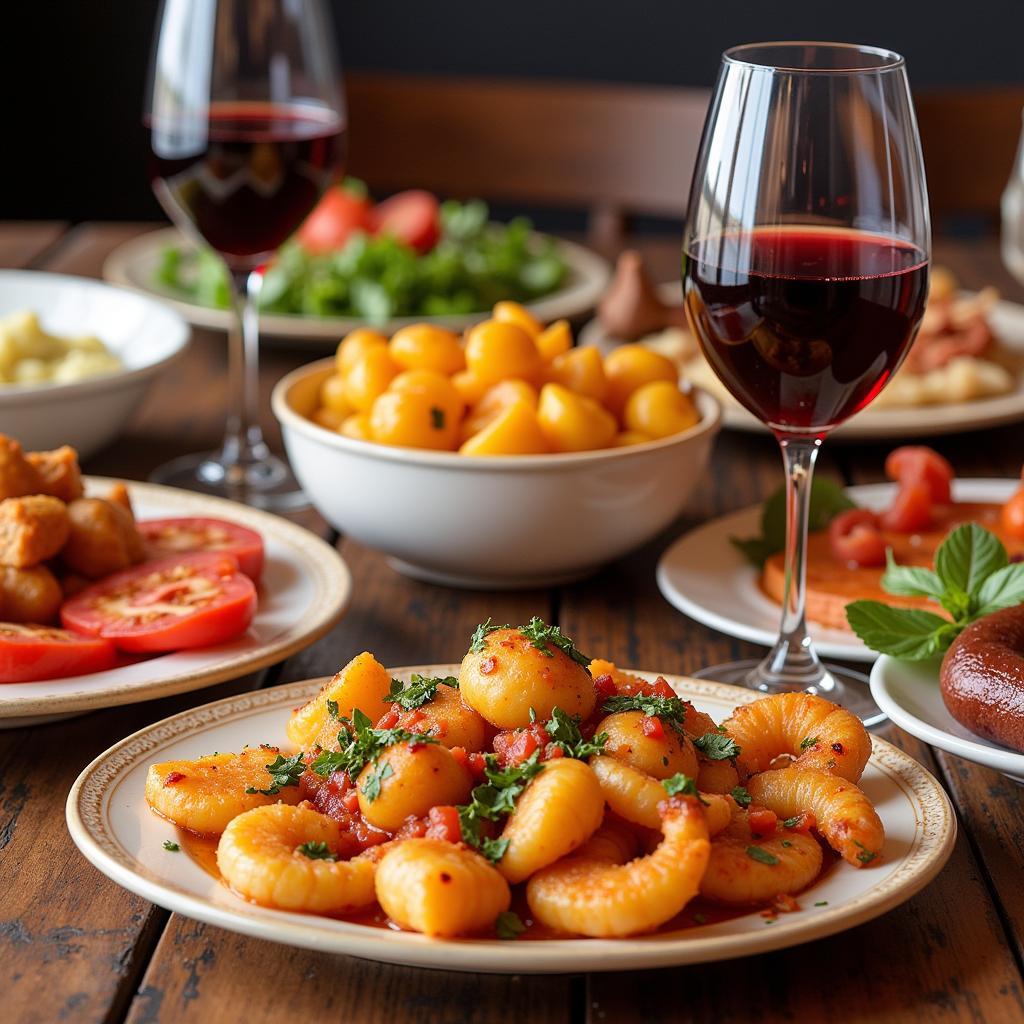 A table laden with colorful Spanish tapas and drinks