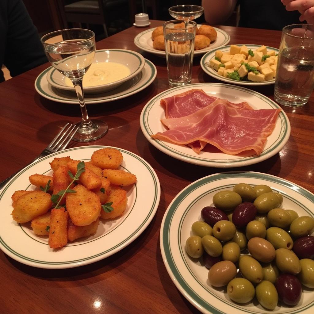 A vibrant spread of traditional Spanish tapas on a rustic table