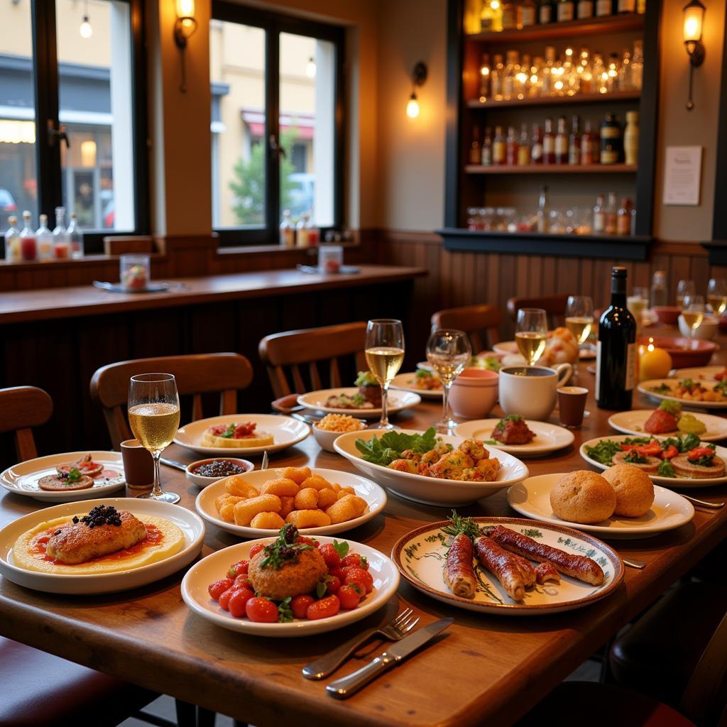 A colorful assortment of traditional Spanish tapas and drinks.