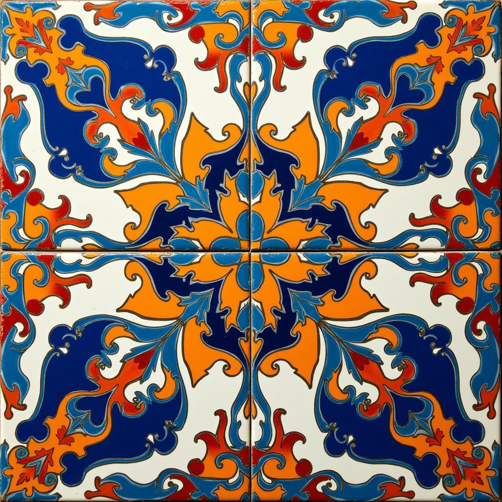 A close-up of colorful, patterned ceramic tiles adorning a Spanish kitchen backsplash