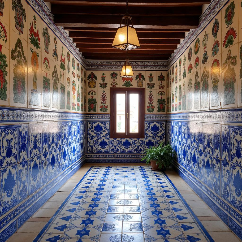 A charming Spanish tile shop with a wide array of colorful tiles displayed on the walls