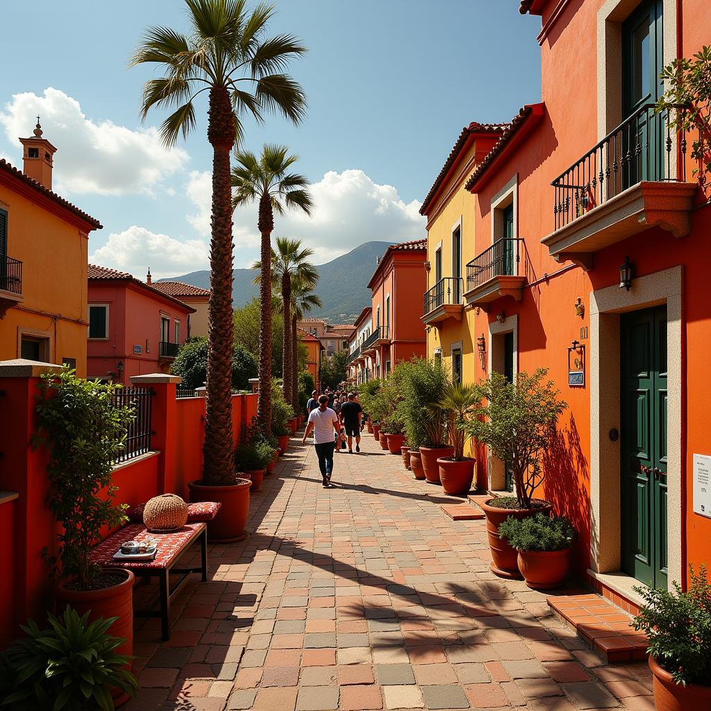 Colourful street decorations during a lively town festival in Spain