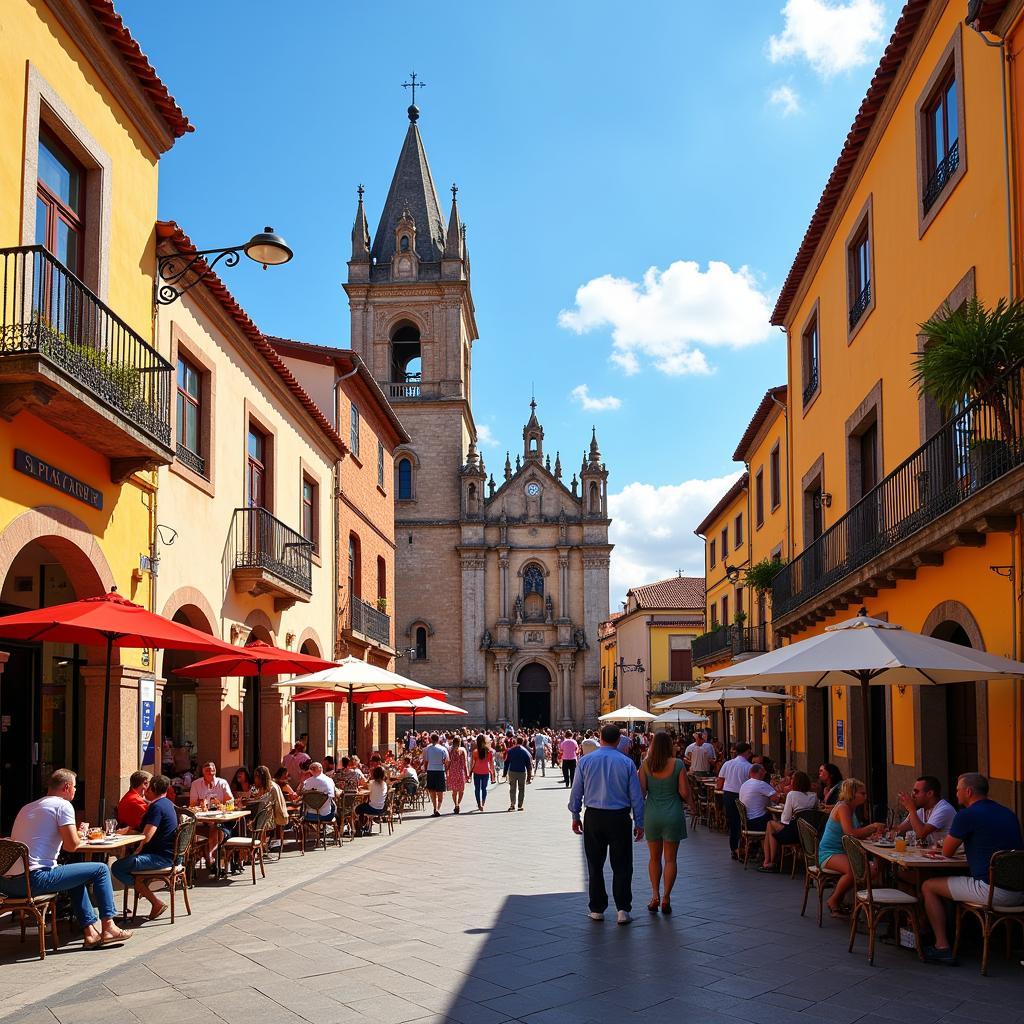 Bustling town square in Spain with historical architecture and lively atmosphere.