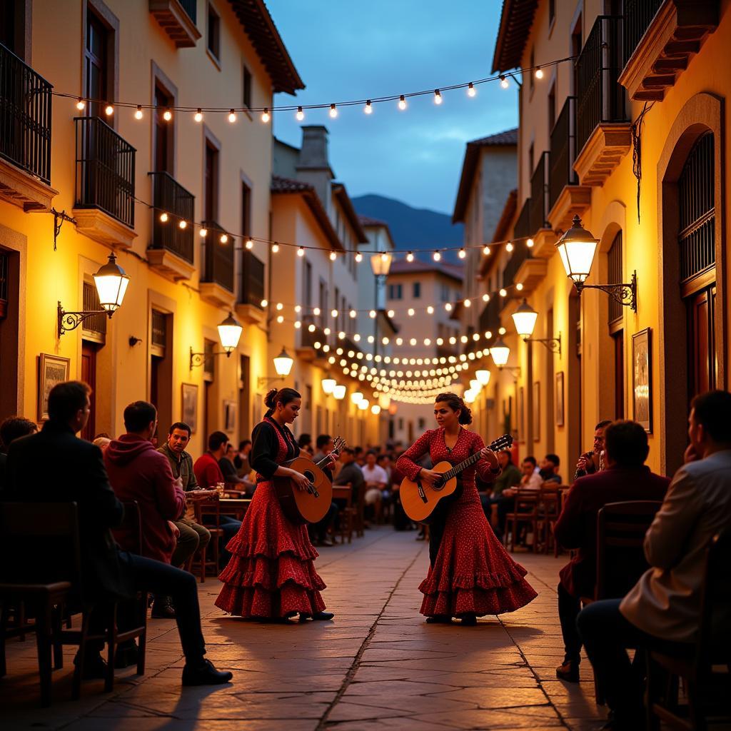 Flamenco dancers performing in a lively town square