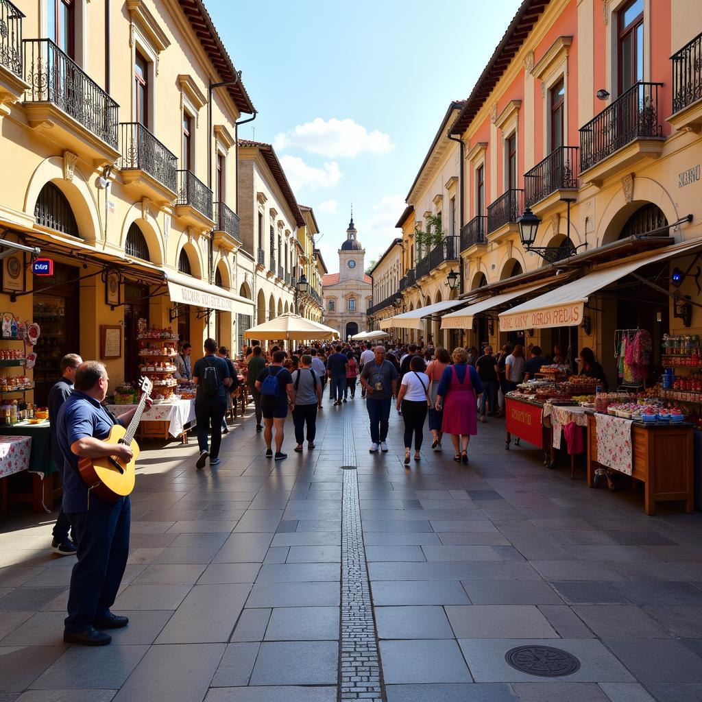 Locals Gathering in a Spanish Town Square