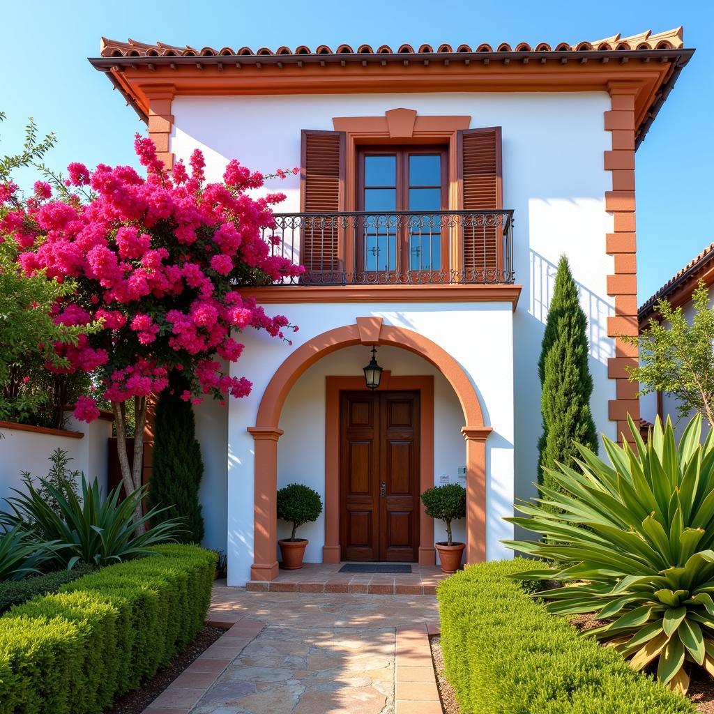 Charming Spanish villa with terracotta roof and vibrant bougainvillea