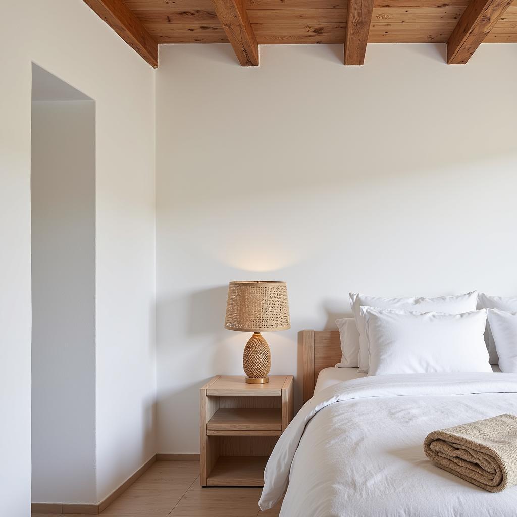 A Spanish villa bedroom with a Zara Home rattan lamp on the nightstand