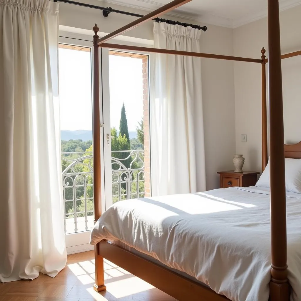 A Spanish villa bedroom with Zara Home curtains