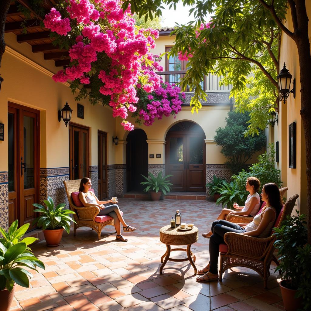 Tourists relaxing in a traditional Spanish courtyard