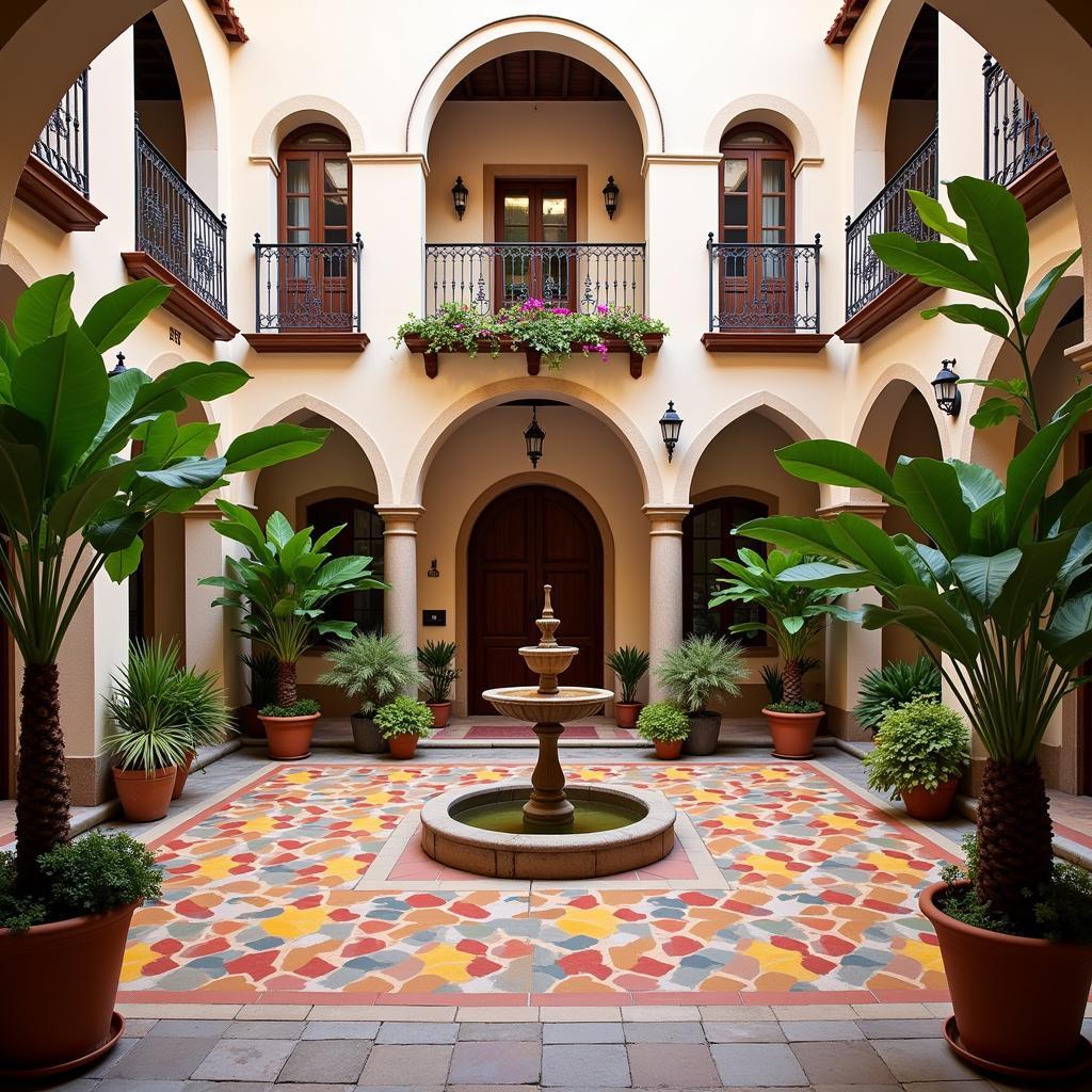 A traditional Spanish villa courtyard with a fountain and colorful tiles