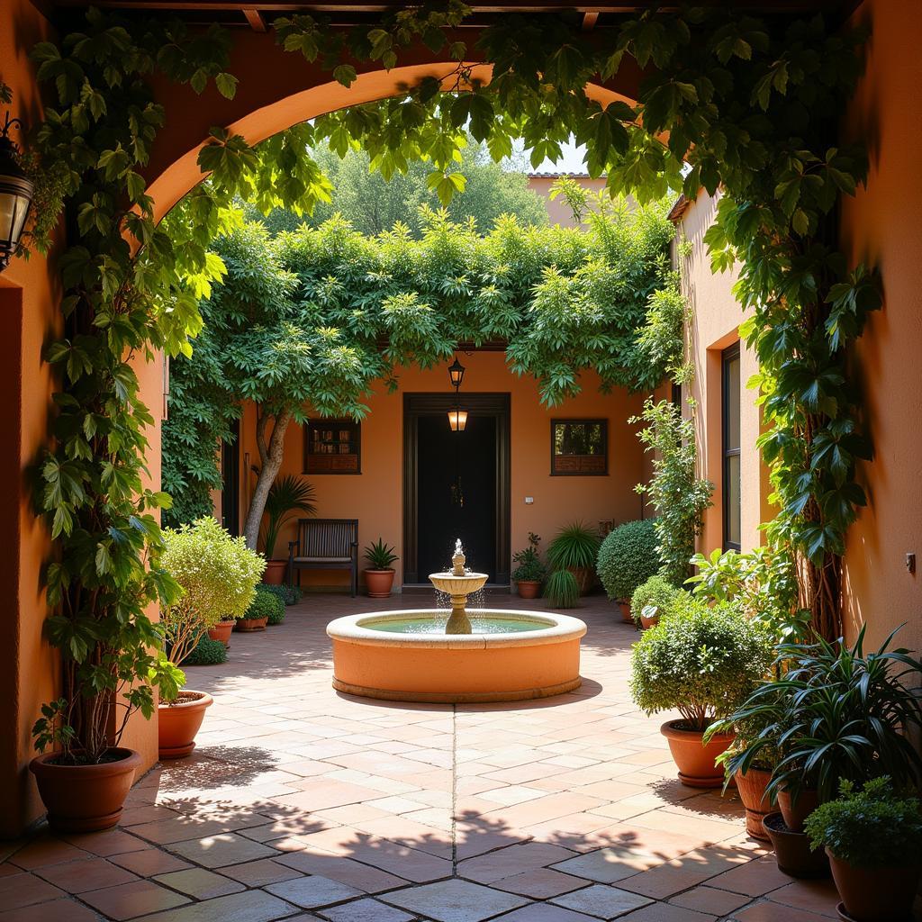 Tranquil courtyard of a traditional Spanish villa, adorned with vibrant bougainvillea and a bubbling fountain