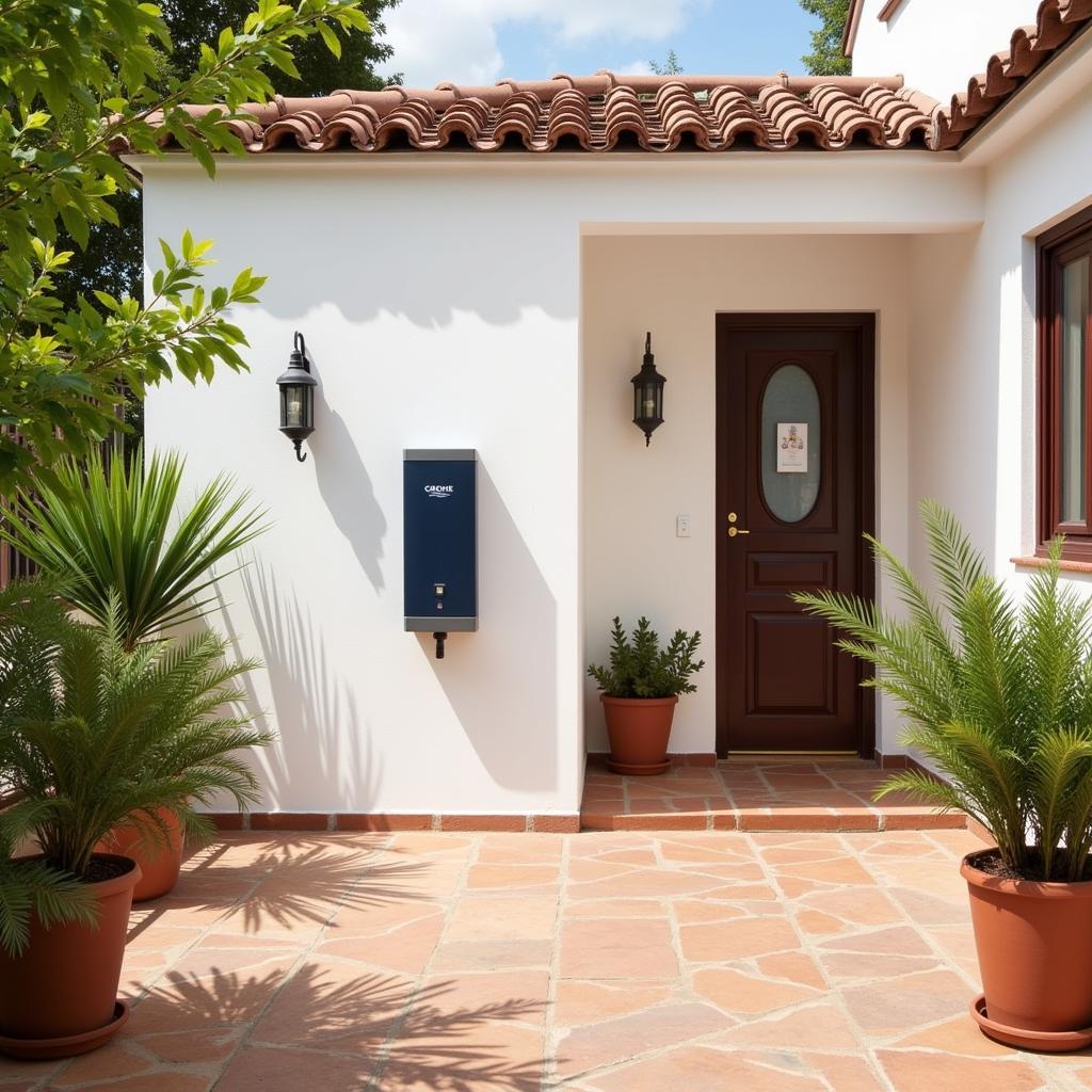 Tranquil courtyard of a Spanish villa with terracotta tiles and a GROHE Blue Home water dispenser