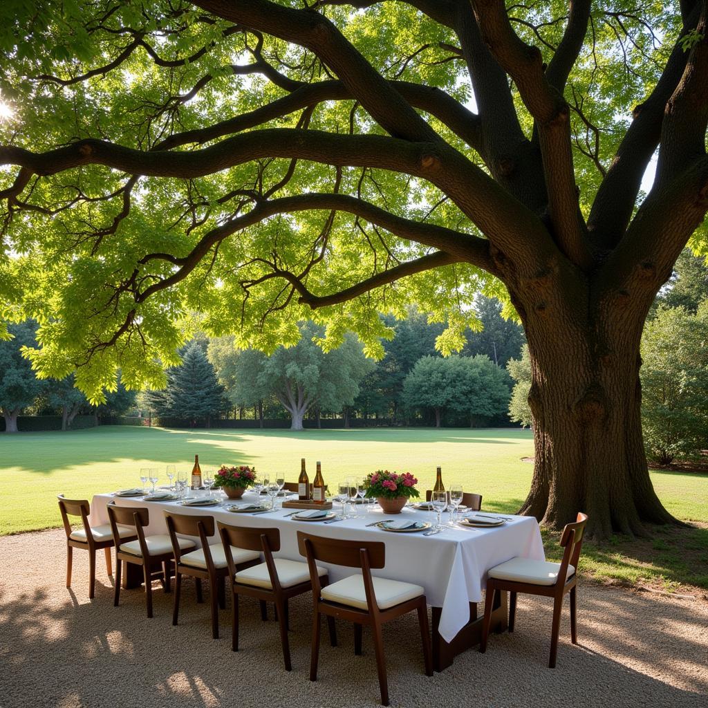 A charming courtyard of a Spanish villa with a majestic fig tree at its center