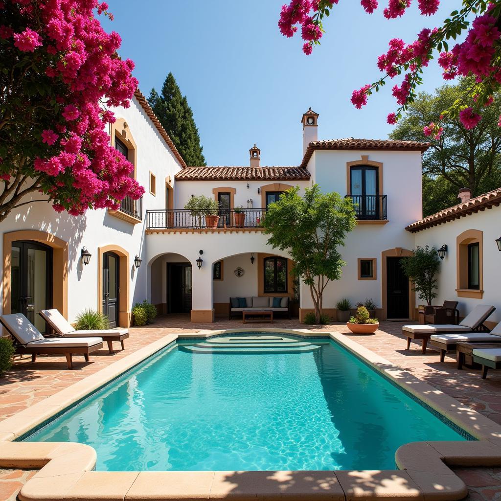 Tranquil Spanish villa courtyard with pool