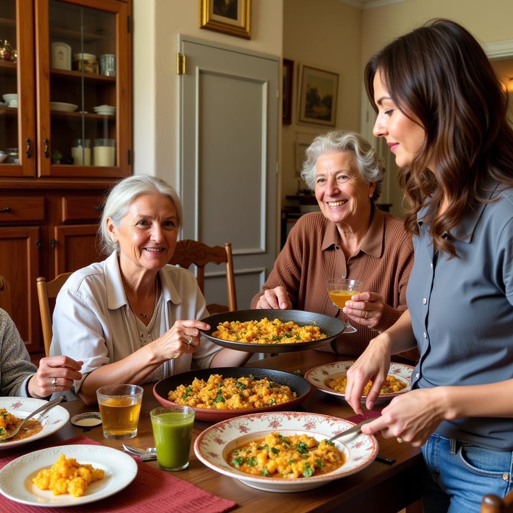 A multi-generational Spanish family enjoying a meal together in their villa's dining room