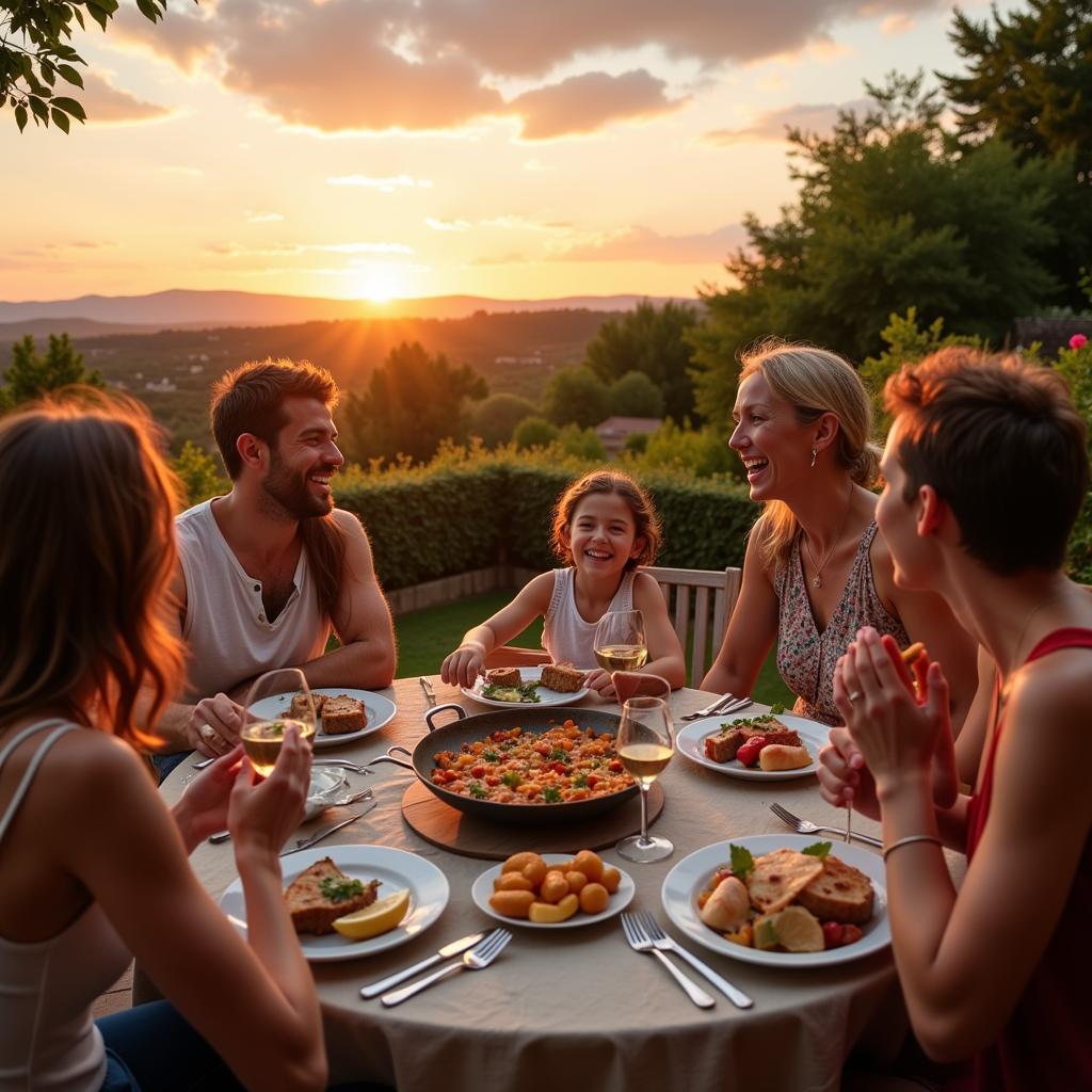 Family enjoying a traditional Paella meal in their Spanish Villa