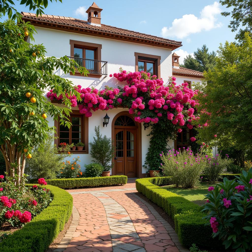 A picturesque Spanish villa surrounded by lush gardens, bathed in warm sunlight.