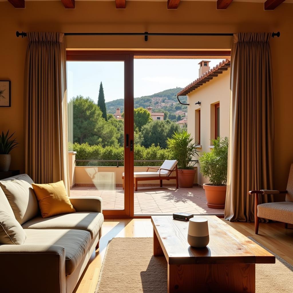 Living room of a Spanish villa with a Google Home device on the coffee table