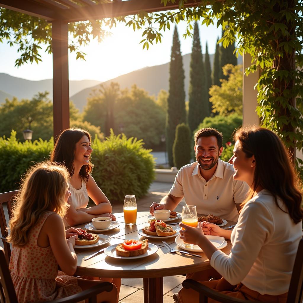 Family enjoying breakfast in a sunny Spanish villa