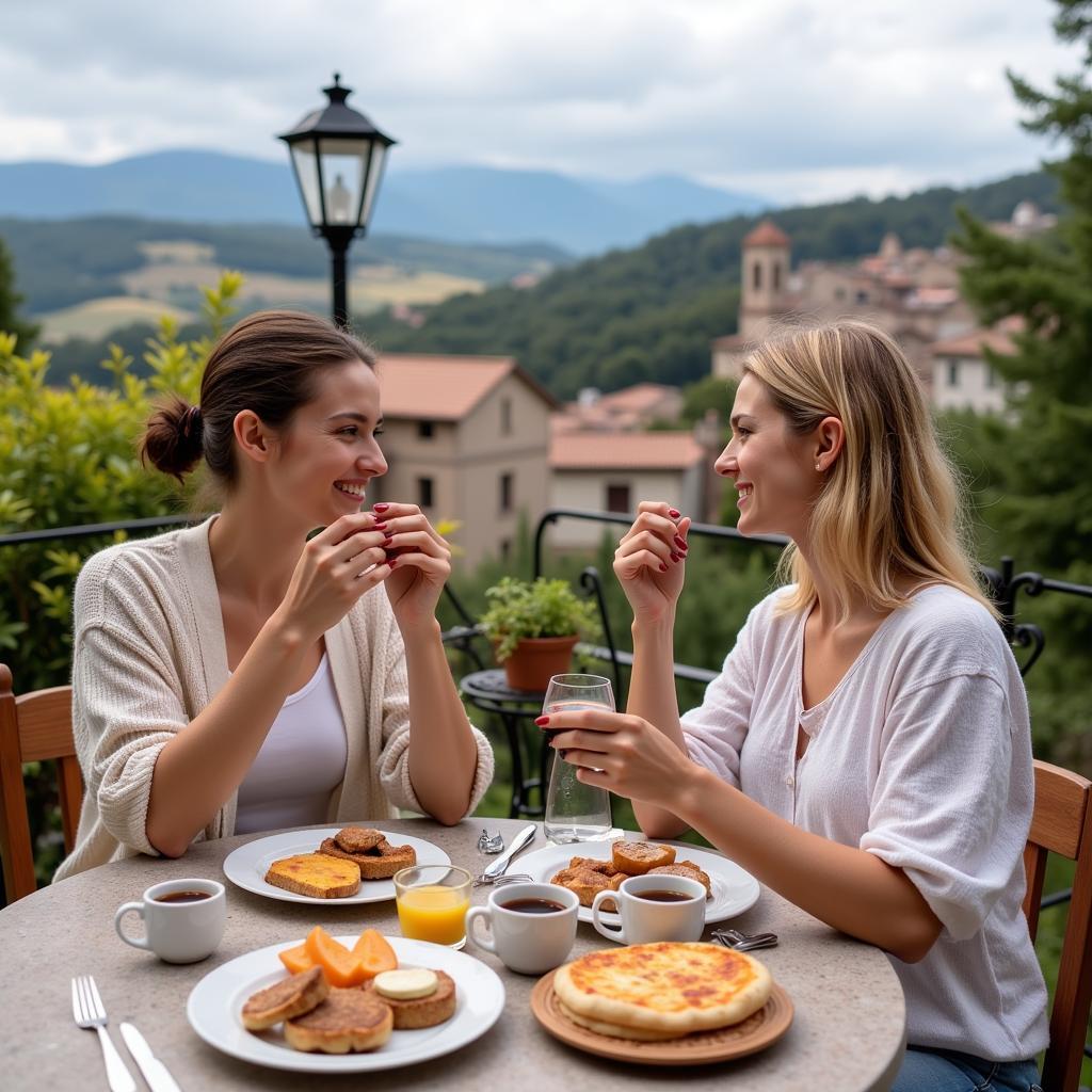 Couple enjoying breakfast on a terrace overlooking a Spanish village