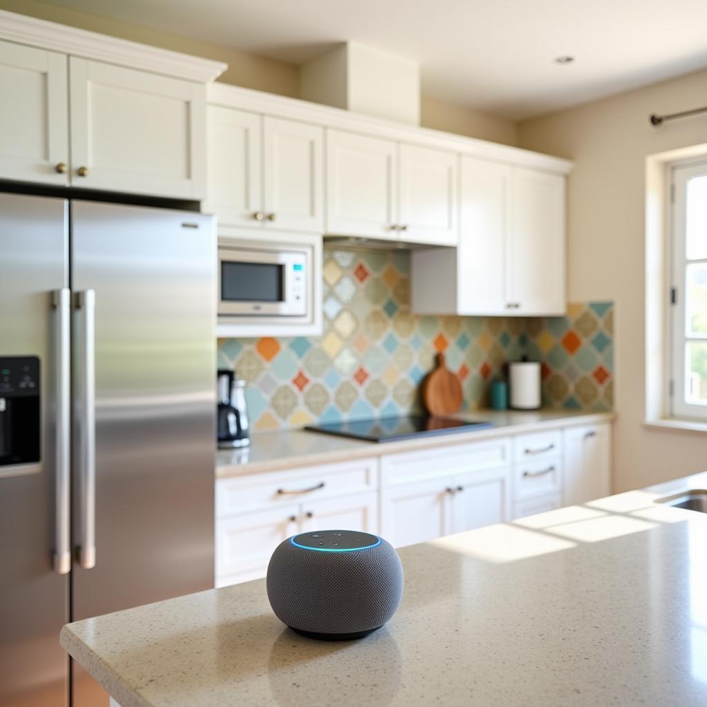 Modern kitchen in a Spanish villa with a home assistant device