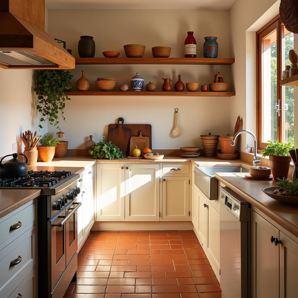 A bright and airy Spanish villa kitchen featuring Zara Home accents, perfect for preparing Cochinita Pibil.