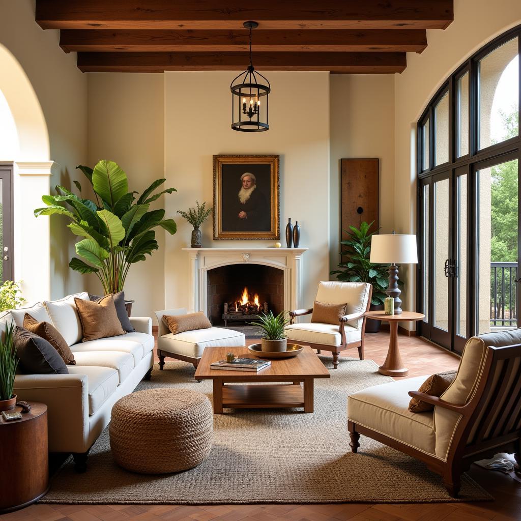 A spacious living room with traditional Spanish decor and modern furnishings.