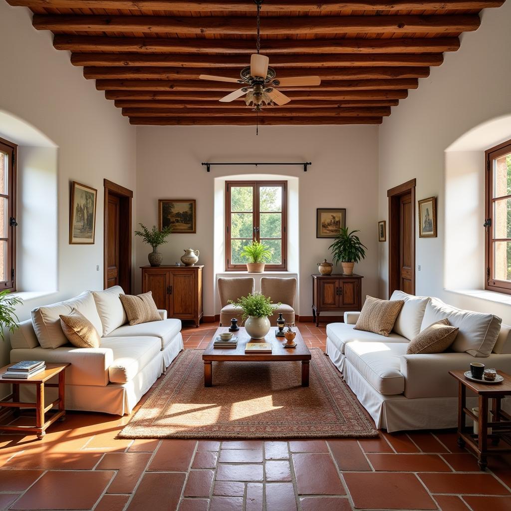 Spacious living room in a Spanish villa with traditional decor