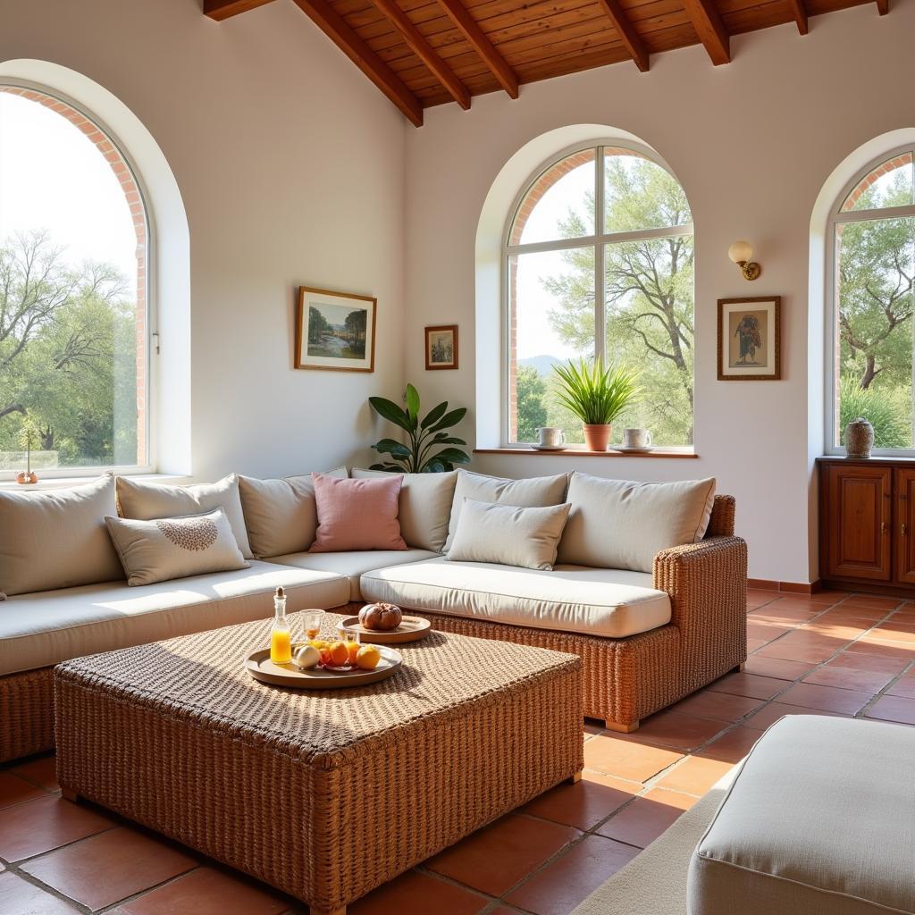 Relaxing Spanish villa living room with rattan furniture