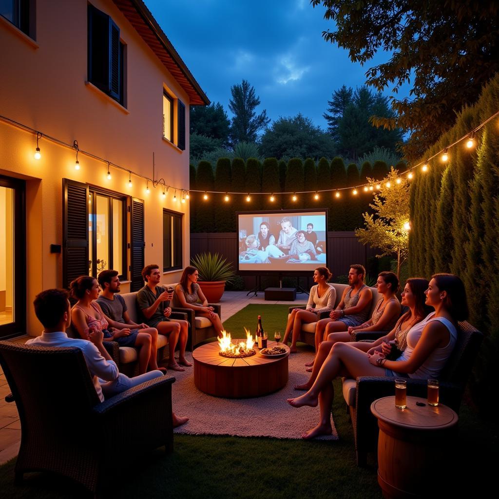 Outdoor movie night in a Spanish villa courtyard