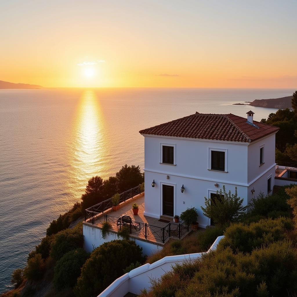 A picturesque white-washed Spanish villa perched on a cliff overlooking the sparkling blue ocean as the sun sets, casting a warm glow.