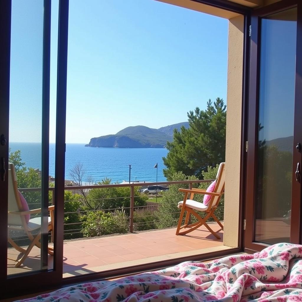 A charming Spanish villa with terracotta roof tiles perched on a cliff overlooking the azure Mediterranean Sea, surrounded by lush greenery and bathed in golden sunlight.