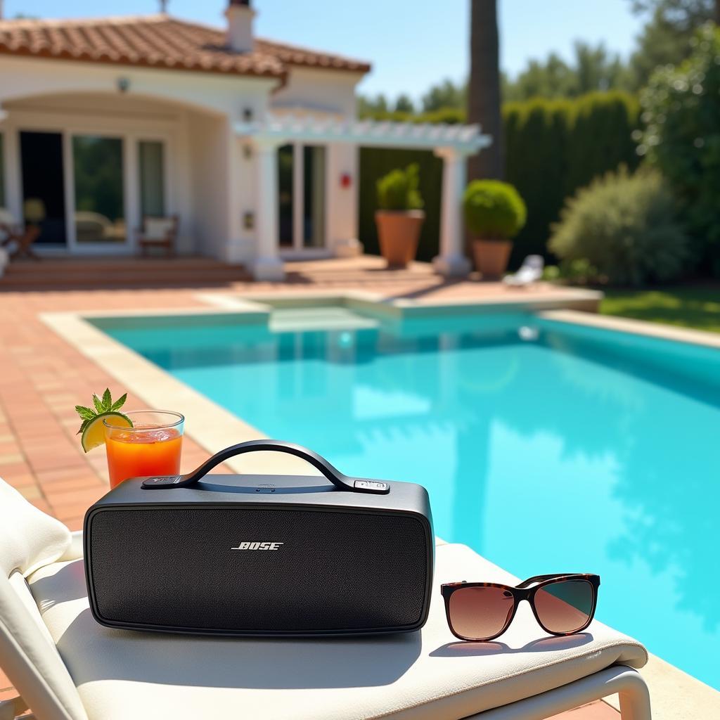 Relaxing by the pool at a Spanish villa, listening to a podcast on a Bose speaker