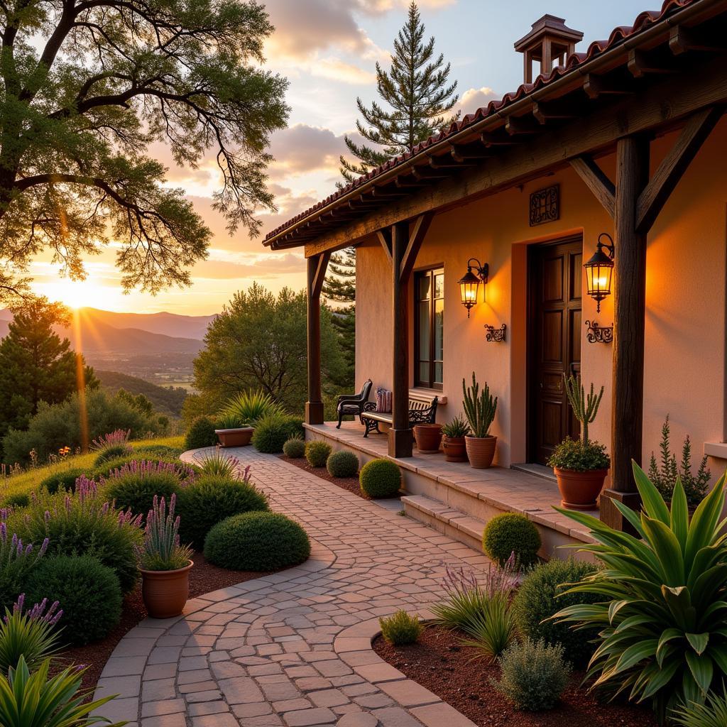 Rustic Spanish villa bathed in the warm glow of sunset