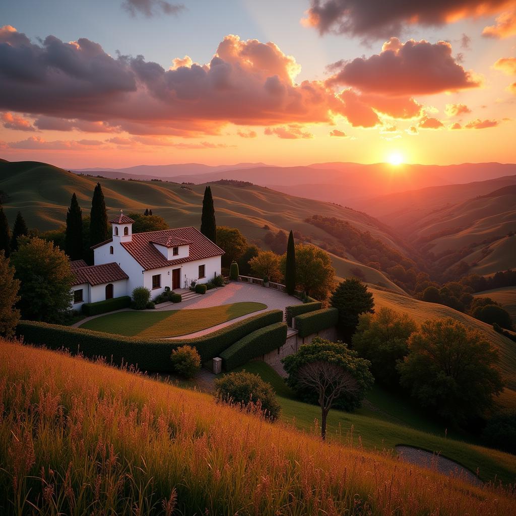 A picturesque Spanish villa with a view of the sunset.