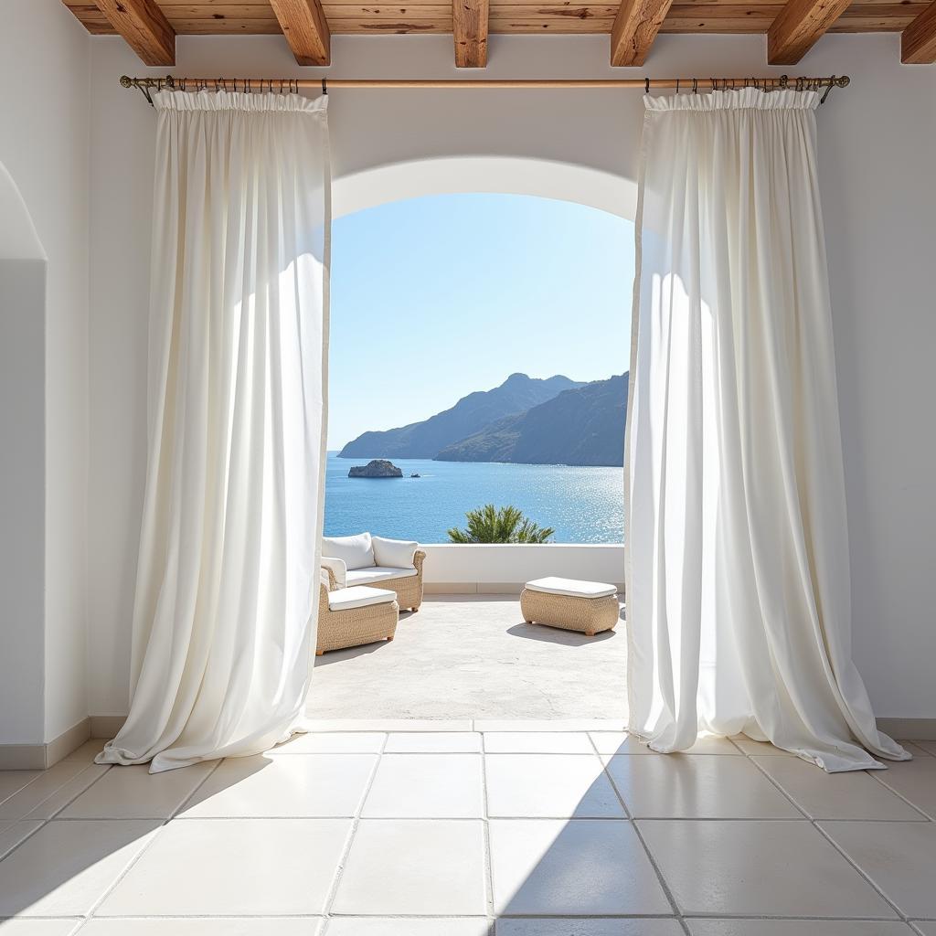 A Spanish villa with white curtains framing the terrace overlooking the sea