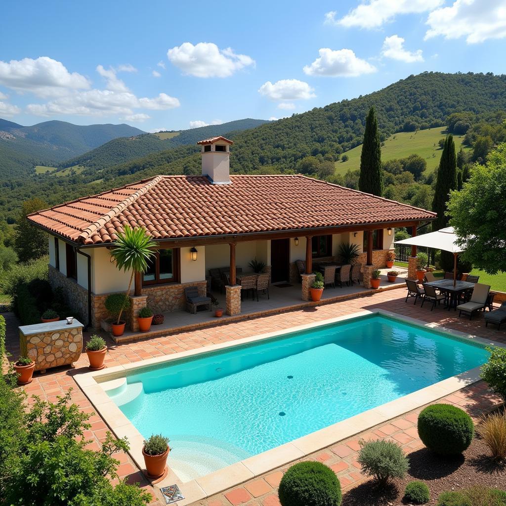 A beautiful Spanish villa with a pool and outdoor dining area set against a backdrop of rolling hills