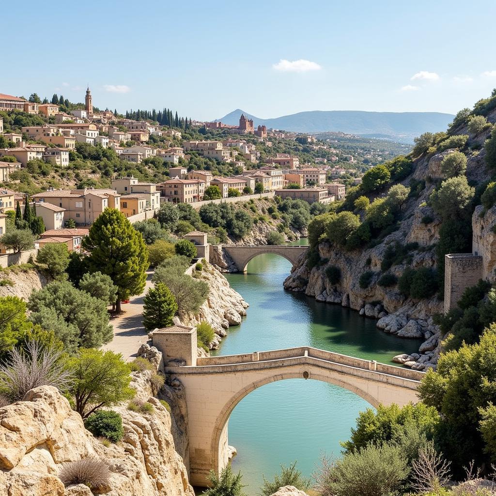 A picturesque Spanish village nestled amidst rolling hills, with traditional white-washed houses and a church tower in the distance